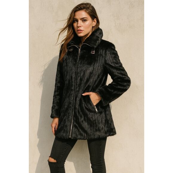 Karl Lagerfeld Paris Faux Fur Buckle Neck Jacket Coat Small Long Collar Black - Picture 1 of 14